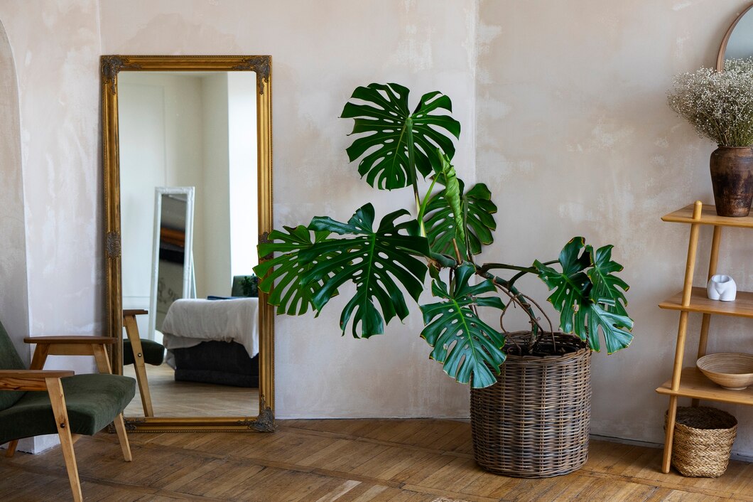 Room decor with mostera plant and wooden shelf